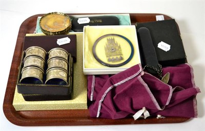 Lot 37 - Miscellaneous items including silver collectors spoons, a silver swizzle stick, set of plated...