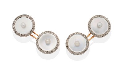Lot 297 - A Pair of Diamond, Mother-of-Pearl and Pearl Double Cufflinks, circular mother-of-pearl plaques...