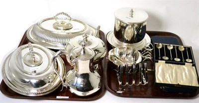 Lot 40 - Quantity of silver plate, including biscuit box etc (on two trays)