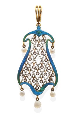 Lot 298 - An Art Nouveau Enamel, Diamond and Pearl Pendant, by Child & Child, rose cut diamond drops...