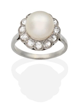 Lot 301 - A Cultured Pearl and Diamond Cluster Ring, a button pearl within a border of rose cut diamonds,...