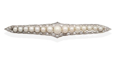 Lot 302 - A Pearl and Diamond Brooch, graduated pearls within a tapering frame of pavé set eight-cut...