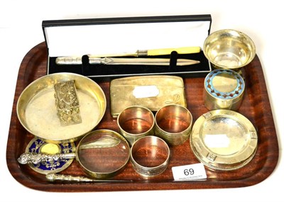 Lot 69 - A group of miscellaneous silver including a card case, dish, ashtray, footed dish, enamelled...