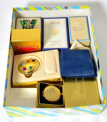 Lot 70 - Assorted Estee Lauder compacts and perfumes including circular compact with mulit coloured...