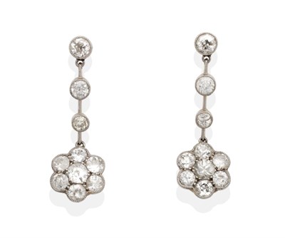 Lot 306 - A Pair of Diamond Cluster Drop Earrings, three graduated old cut diamonds in milgrain settings,...