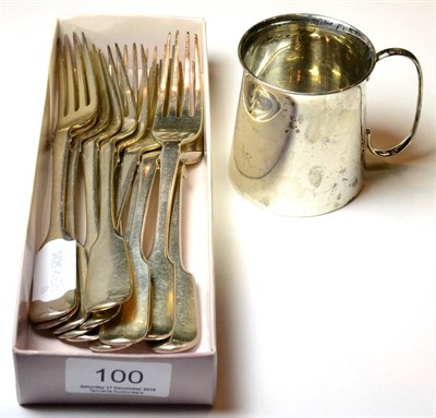 Lot 100 - A set of twelve George III silver dessert forks and a silver Christening mug