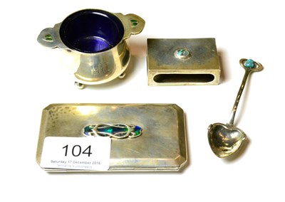 Lot 104 - A group of Liberty & Co. Art Nouveau silver and enamel items including an envelope form card...