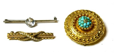 Lot 116 - A Victorian yellow metal and turquoise hair brooch with two bar brooches (3)