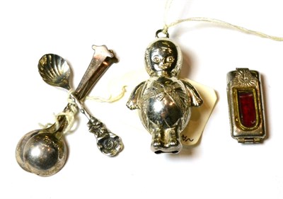 Lot 120 - A silver doll form rattle, Chester 1960 and three spoons (4)