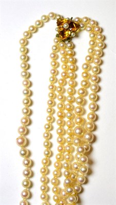 Lot 128 - A set of cultured pearls with a 9ct gold gem set clasp and a pair of earrings en-suite