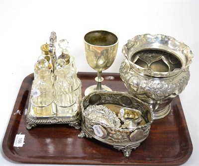 Lot 166 - Victorian plated cruet base, a mustard and salt, a pin tray, a plated cruet, a silver...