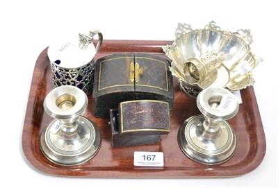 Lot 167 - Group of silver comprising a bowl, mustard pot, pair of dwarf candlesticks, cased set of four...