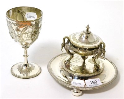 Lot 199 - Silver plated inkstand, 'Worcester College Athletic Sport 1861 Two mile race 100 yards race 2nd...