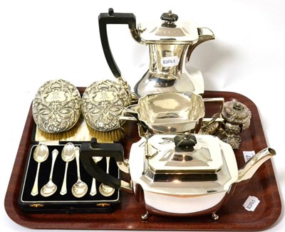 Lot 207 - James Dixon four piece plated tea set, two cased sets of six silver teaspoons, plated inkwell and a