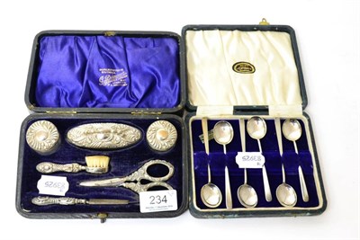 Lot 234 - Silver travelling set, cased and set of silver spoons, cased