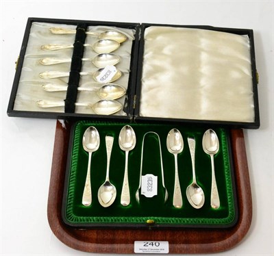 Lot 240 - A cased set of six silver coffee spoons and a pair of tongs, Sheffield, 1899; with another set...