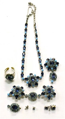 Lot 264 - A Christian Dior style part suite of blue paste set costume jewellery (a.f.) (4)