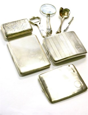 Lot 273 - Four silver cigarette cases, silver bottle opener, silver handled eye glass, three silver...