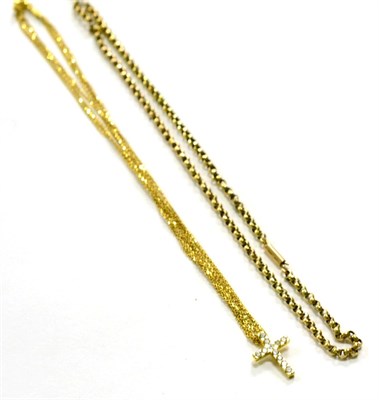 Lot 275 - A necklace with a diamond set cross, clasp and chain stamped '750' and a small belcher chain, clasp