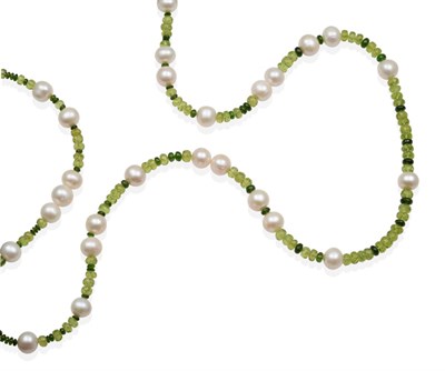 Lot 330 - A Peridot, Chrome Diopside and Cultured Pearl Necklace, faceted peridot beads and smooth...