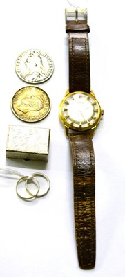 Lot 314 - A Zodiac wristwatch with pie-pan dial, two 18ct white gold rings, two coins and a box