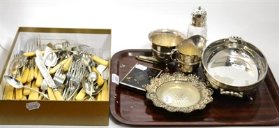 Lot 326 - Glass butter dish in silver frame, silver pocket fruit knife, tortoiseshell card case, and quantity