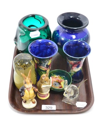 Lot 329 - Three pieces of Moorcroft (a.f.), a Whitefriars vase, two Beswick Beatrix Potter figures etc