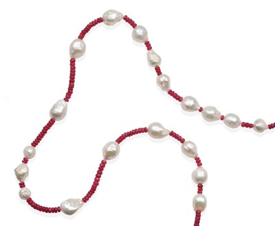 Lot 333 - A Ruby and Cultured Pearl Necklace, faceted ruby beads spaced by cultured baroque pearls,...