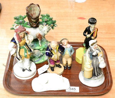 Lot 345 - Six small ceramic figures comprising Bloor Derby fat man, Staffordshire pearlware Dr Syntax...