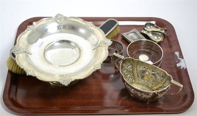 Lot 349 - Silver wares including stem comport, sugar basin, coaster, dressing table accessories etc