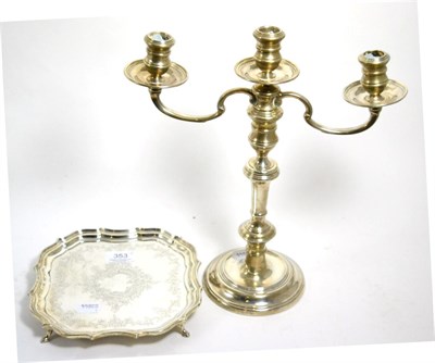 Lot 353 - Shaped square silver tray, Chester hallmark and a loaded silver three branch candelabrum,...