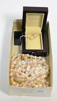 Lot 354 - A pair of cultured pearl stud earrings, a continuous string of pearls and a pink cultured pearl...