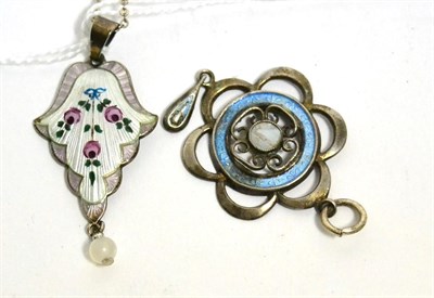 Lot 358 - A silver and enamel necklace by John Atkins, with later bead drop, and another enamel pendant (2)