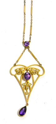 Lot 360 - An Art Nouveau amethyst and seed pearl pendant on chain