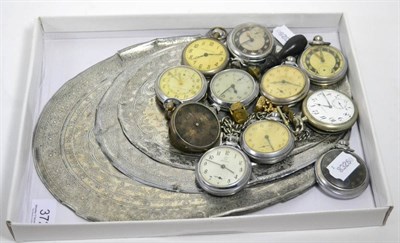 Lot 372 - Eleven various pocket watches, a seal fob and two others and three Dutch white metal place mats...