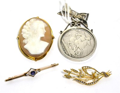 Lot 385 - A blue spinel and diamond bar brooch, a seed pearl brooch, a cameo brooch and a George IV crown...