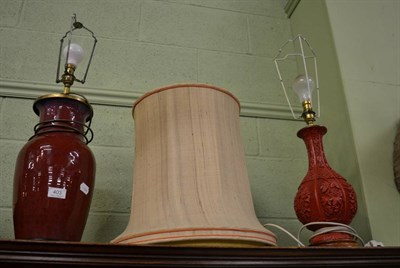 Lot 403 - A Chinese sang de boeuf vase mounted as a table lamp together with a simulated lacquer lamp...