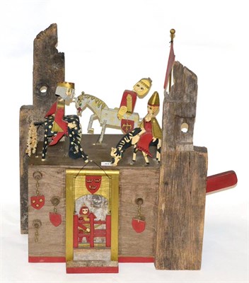 Lot 441 - Vicki Wood and Tim Wood, a wooden automaton, Camelot scene with King Arthur and Sir Lancelot on...