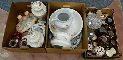 Lot 1002 - Cut crystal mushroom lamp, pair of Victorian girandoles, lustre jugs, bedroom china, old imari...