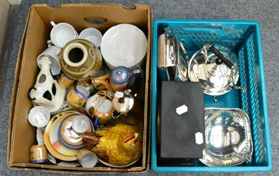 Lot 1024 - A group of ceramics and silver plate including a slate mantel clock, sliver plated footed dish, cow