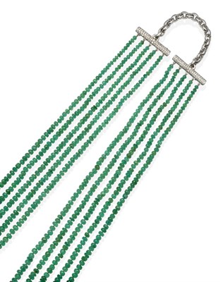 Lot 353 - An 18 Carat White Gold Emerald Bead and Diamond Necklace, five strands of graduated faceted emerald