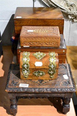 Lot 1039 - Three 19th century boxes, a brass bound domed top walnut example with mother-of-pearl inlay,...