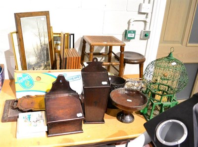 Lot 1049 - Two stools, two candle boxes, various other treen, Morrocan style bird cage, plated basket,...