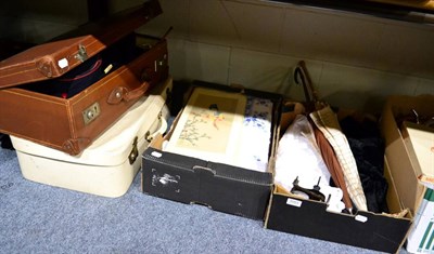 Lot 1053 - Two boxes and two suitcases of textiles including linens, needlework, silk threads, two...