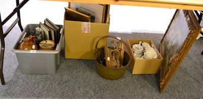 Lot 1062 - A group of miscellaneous including tea set, copper, brass, glass, two miners' lamps, pictures etc