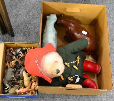 Lot 1071 - Paddington Bear, ceramic polar bear, grizzly bear and a box of toy animals