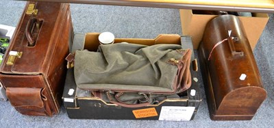 Lot 1073 - Leather cases, sewing machine, tea sets, three framed articles etc