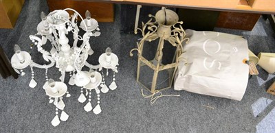 Lot 1074 - Modern hall lantern, a quantity of modern wall lights and a white plastic chandelier