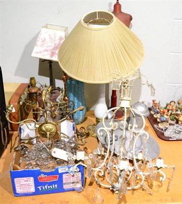 Lot 1095 - Small group of table lamps including a Benson & Co style example, glass vases, lustre drops etc