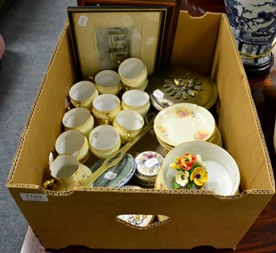 Lot 1103 - A ten place coffee service, assorted decorative ceramics, a Chinese silk picture, chestnut...